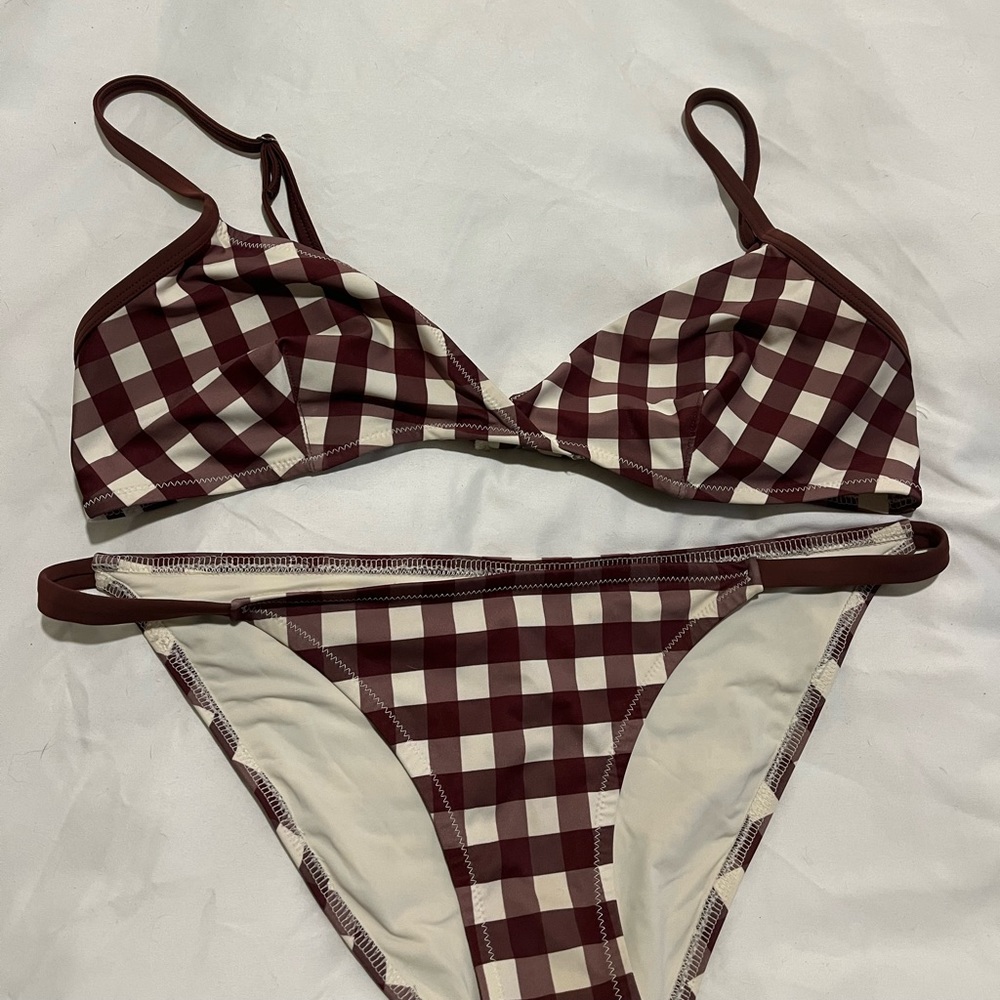 Maroon Gingham Solid & Striped Bikini - Size L - image 1